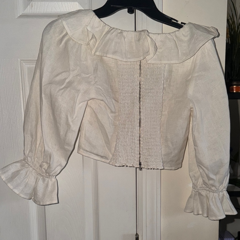 Reformation Linen Cream Ruffle Crop Blouse - Picture 6 of 12